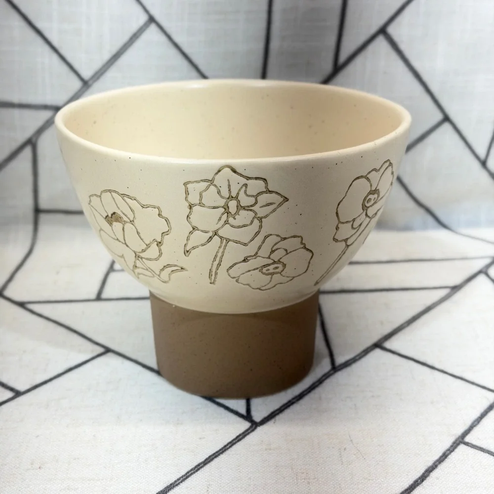 World Market Kolor Me Koby Footed Bowl 6in Cream Brown Floral Ceramic Pedestal